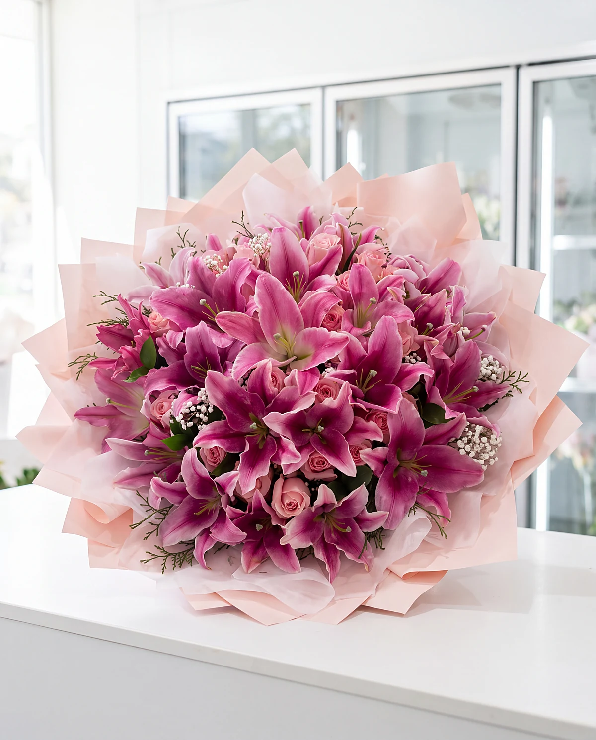 Their giant bouquet of pink stargazer lilies and pink roses in blush wrap on a white bench; on a computer, their bright white shop with the wreath wall and buckets of lilies