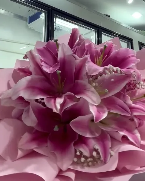 Deep pink stargazer lilies wrapped in pink paper